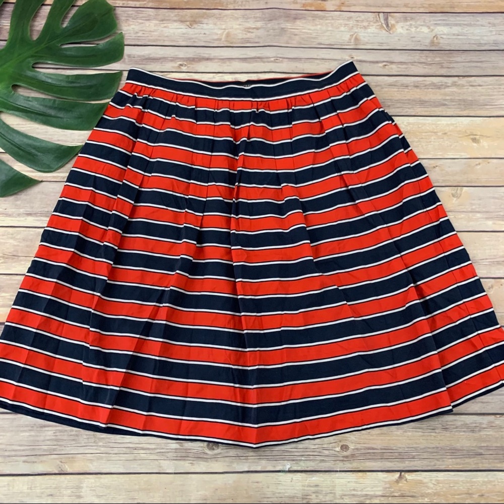 J.Crew red blue striped silk pleated a-line skirt